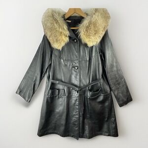Vintage Black‎ Leather Trench Coat Real Fur Collar Belted Mid Length Jacket